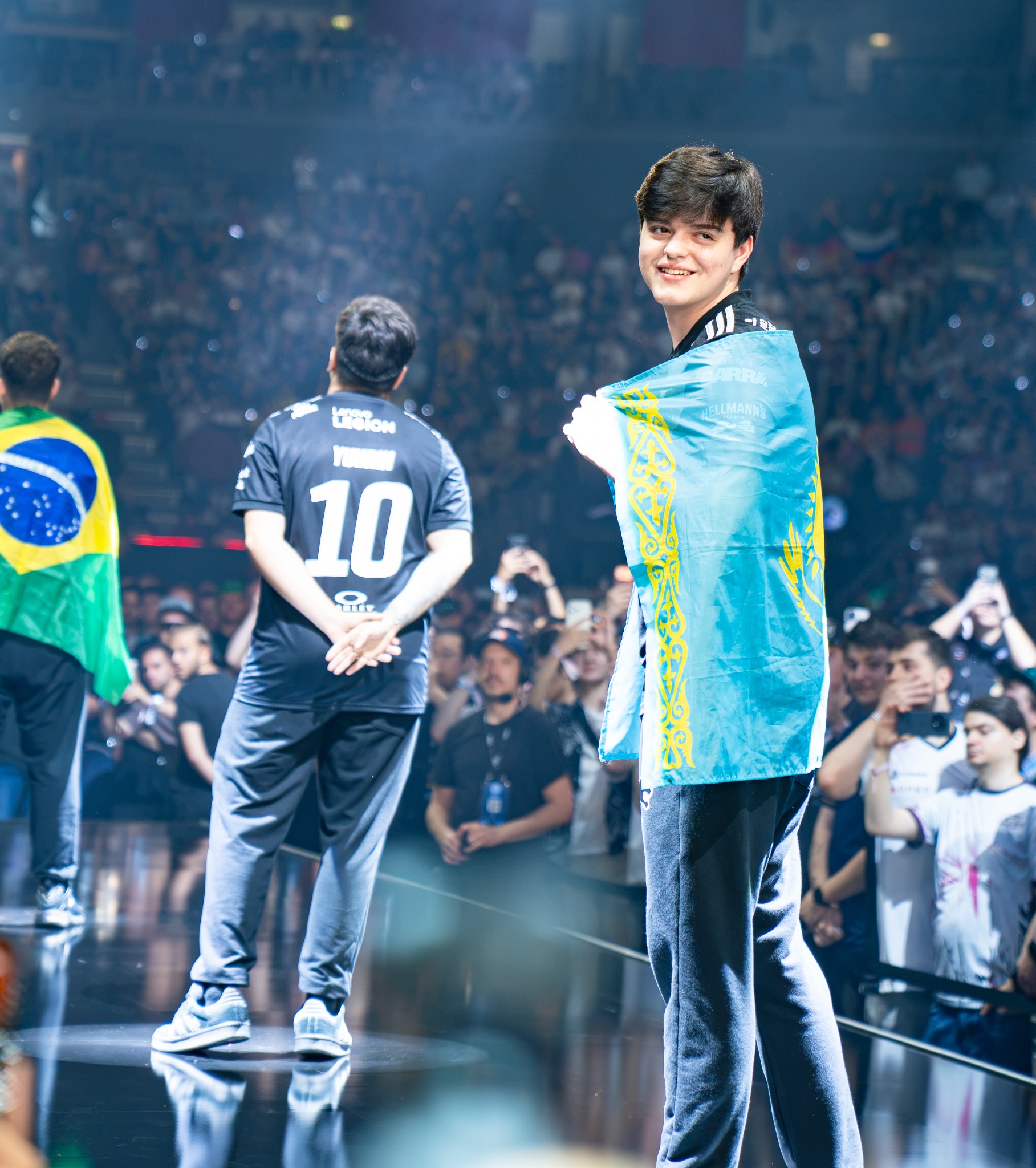 Player smiling with Kazakhstan flag
