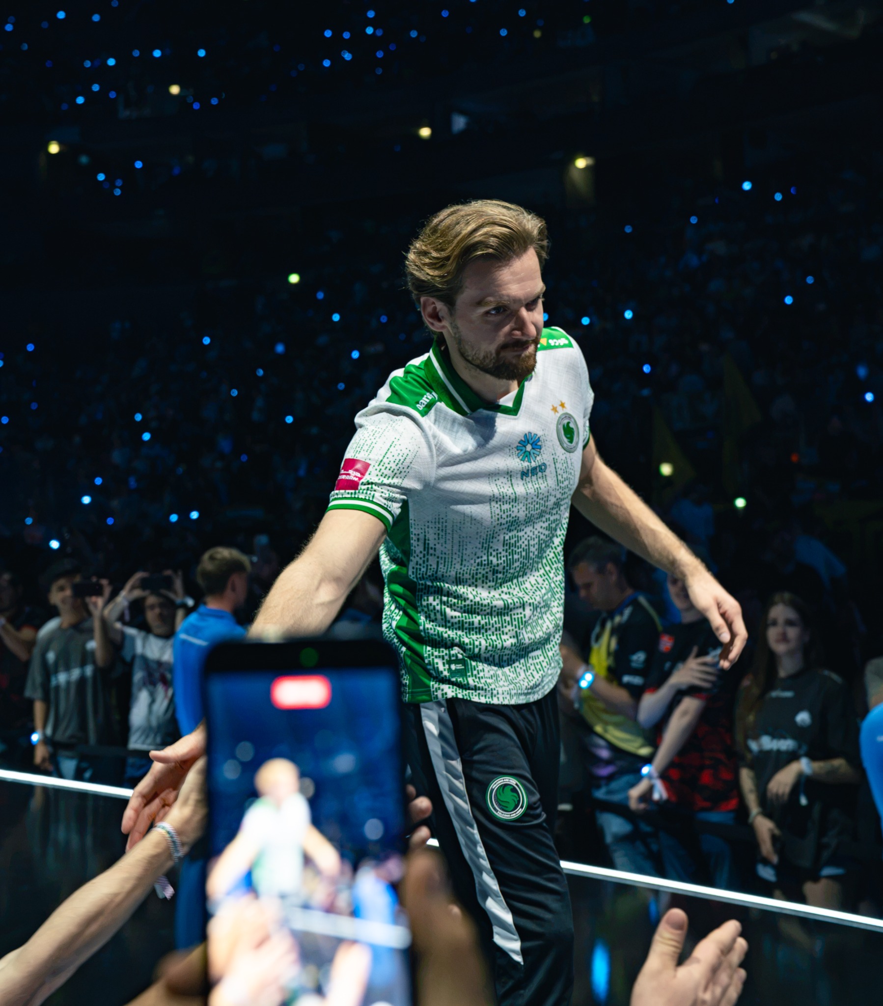 Player walking through the crowd